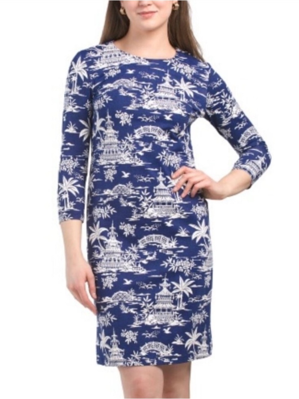 J. McLaughlin Navy and White Scenic Print tongsai Sheath Dress